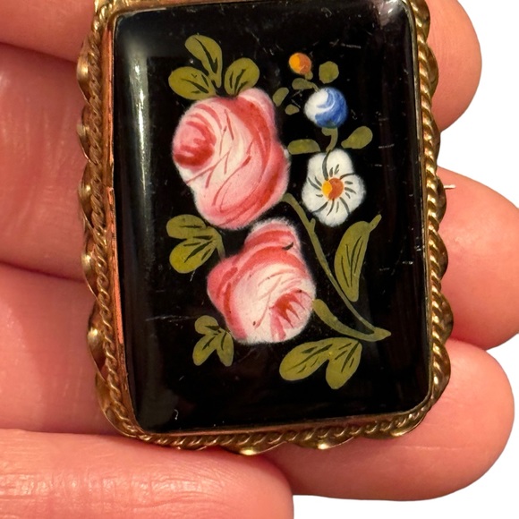 Antique Hand Painted Blue Flower Black Enamel Brooch Ornate Gold Lg Art Nouveau - Picture 3 of 9
